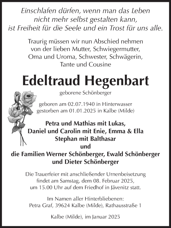 Traueranzeige von Edeltraud Hegenbart von Volksstimme Altmark West