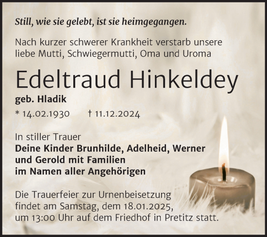 Traueranzeige von Edeltraud Hinkeldey von Trauerkombi Merseburg