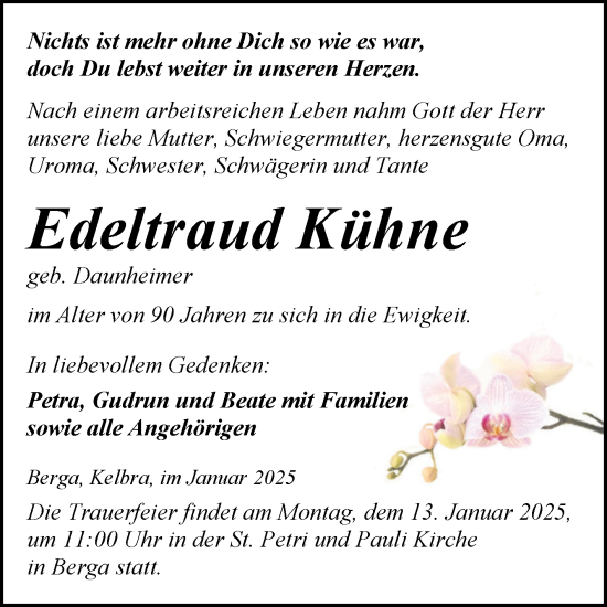 Traueranzeige von Edeltraud Kühne von Trauerkombi Sangerhausen