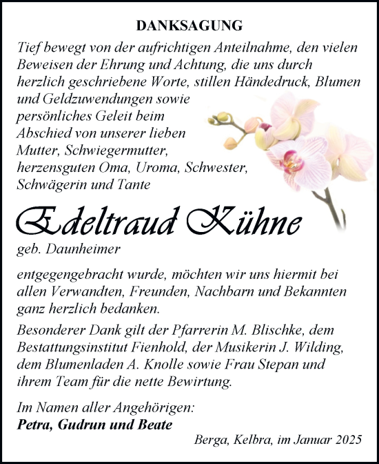 Traueranzeige von Edeltraud Kühne von Trauerkombi Sangerhausen