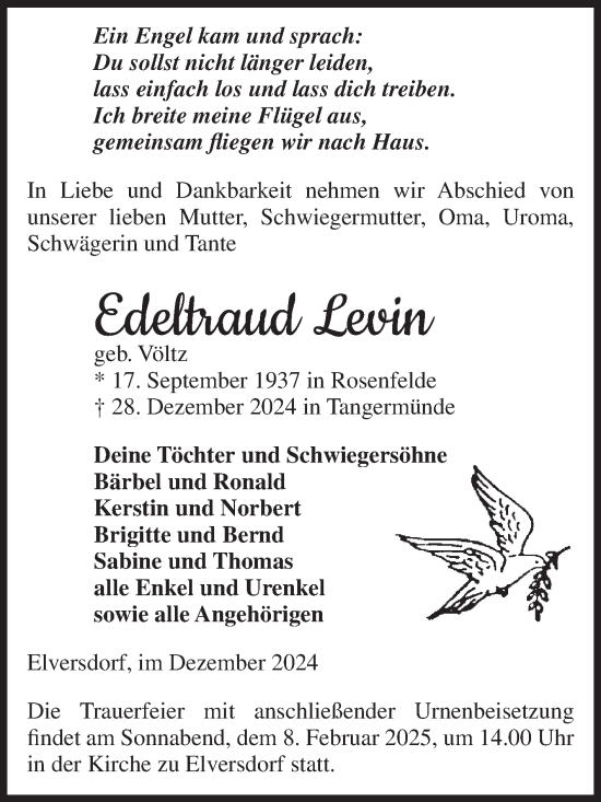Traueranzeige von Edeltraud Levin von Volksstimme Altmark Ost