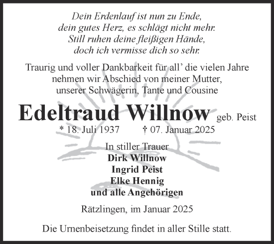 Traueranzeige von Edeltraud Willnow von Volksstimme Haldensleben/Wolmirstedt