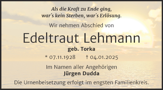 Traueranzeige von Edeltraut Lehmann von Trauerkombi Bernburg