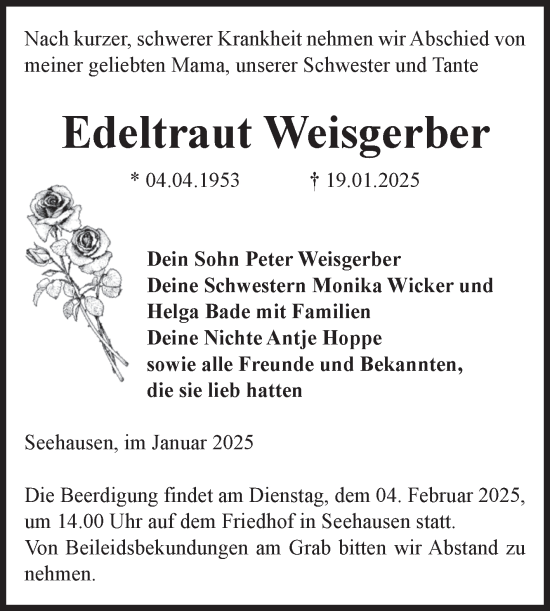 Traueranzeige von Edeltraut Weisgerber von Volksstimme Altmark Ost