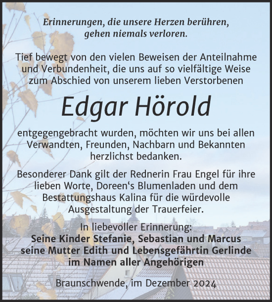 Traueranzeige von Edgar Hörold von Trauerkombi Quedlinburg