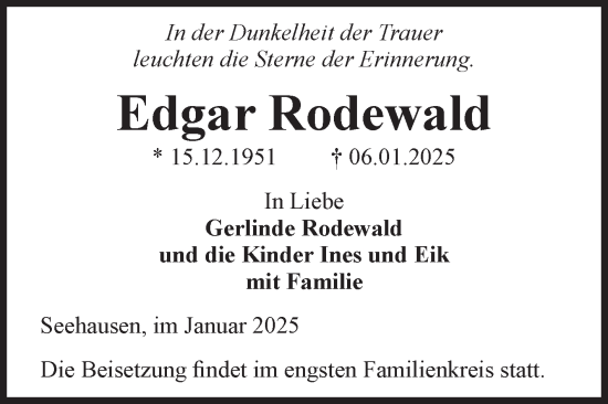 Traueranzeige von Edgar Rodewald von Volksstimme Altmark Ost