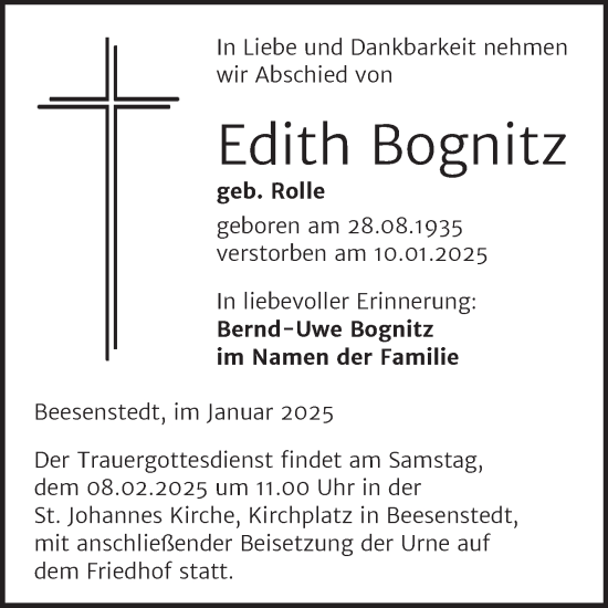 Traueranzeige von Edith Bognitz 