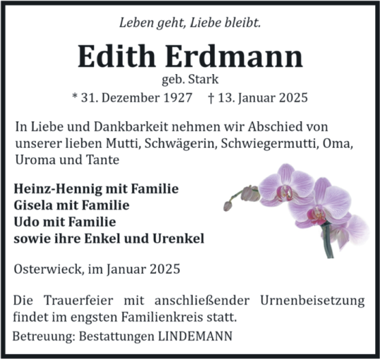 Traueranzeige von Edith Erdmann von Volksstimme Halberstadt