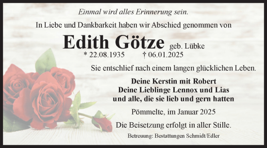 Traueranzeige von Edith Götze von Volksstimme Schönebeck