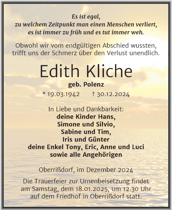 Traueranzeige von Edith Kliche von Trauerkombi Mansfelder Land
