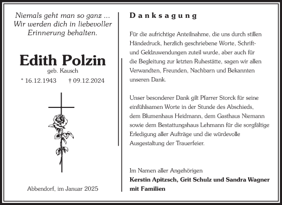 Traueranzeige von Edith Polzin von Volksstimme Altmark West