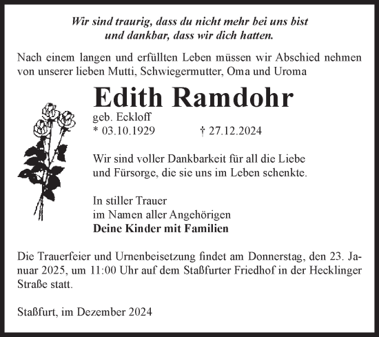 Traueranzeige von Edith Ramdohr 