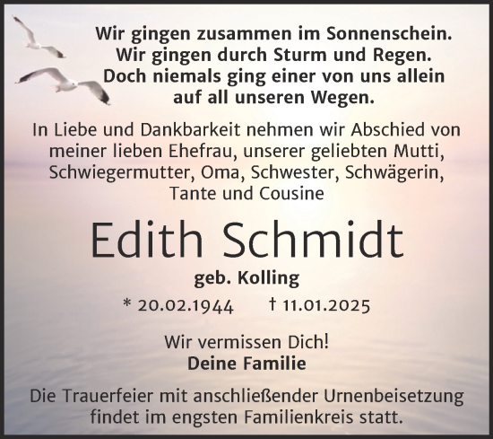 Traueranzeige von Edith Schmidt von Trauerkombi Quedlinburg
