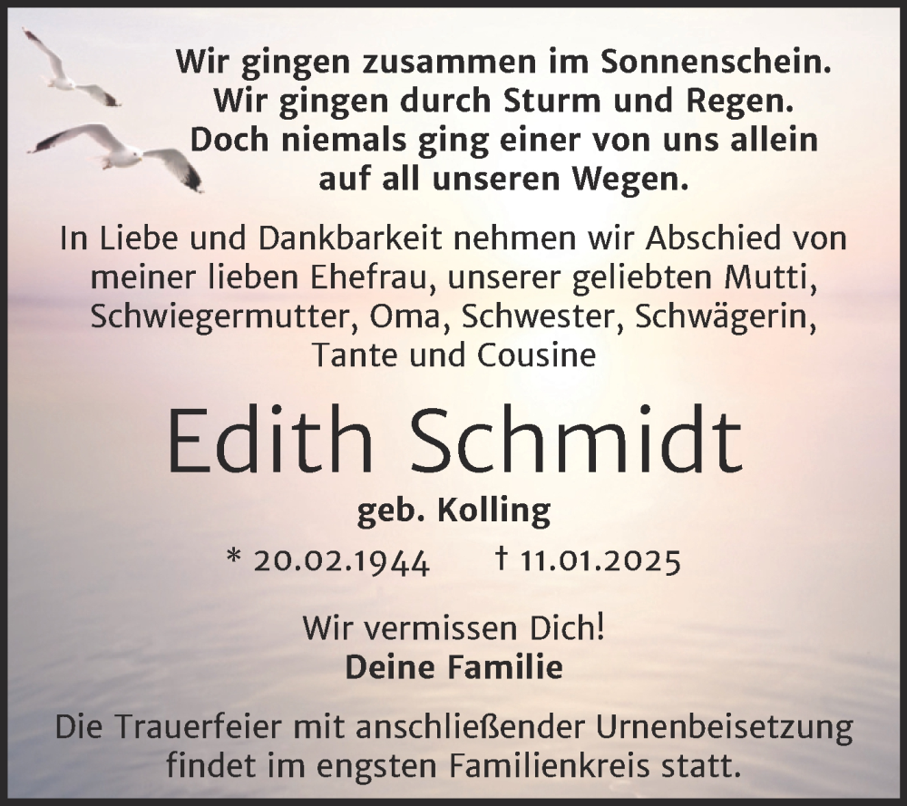  Traueranzeige für Edith Schmidt vom 18.01.2025 aus Trauerkombi Quedlinburg