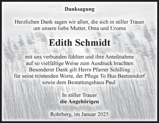 Traueranzeige von Edith Schmidt von Volksstimme Altmark West