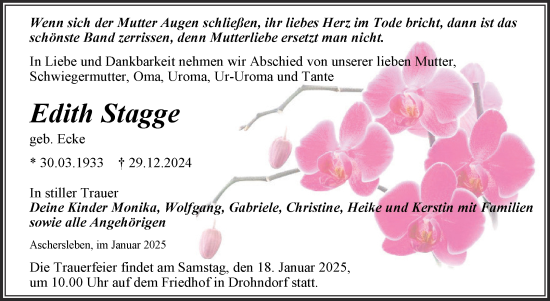 Traueranzeige von Edith Stagge von Trauerkombi Aschersleben