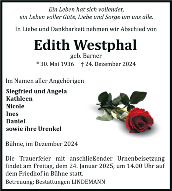Traueranzeige von Edith Westphal von Volksstimme Halberstadt