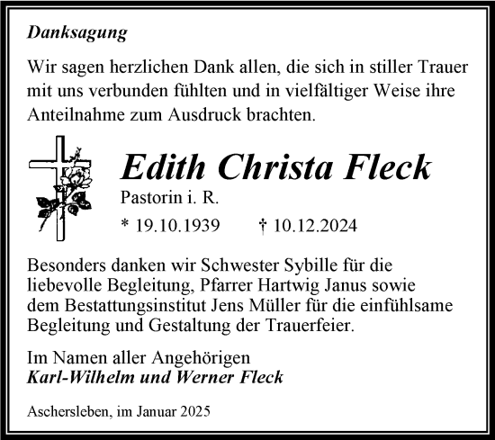 Traueranzeige von Edith Christa Fleck von Trauerkombi Aschersleben