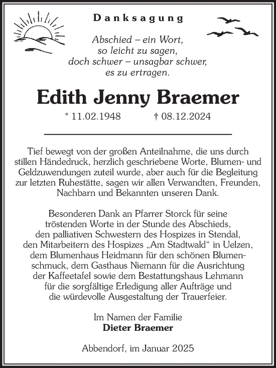 Traueranzeige von Edith Jenny Braemer von Volksstimme Altmark West