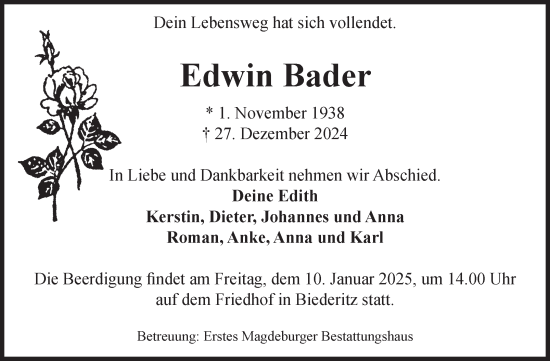 Traueranzeige von Edwin Bader von Volksstimme Burg/Genthin