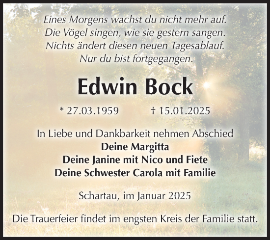 Traueranzeige von Edwin Bock von Volksstimme Burg/Genthin