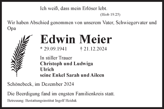 Traueranzeige von Edwin Meier von Volksstimme Schönebeck