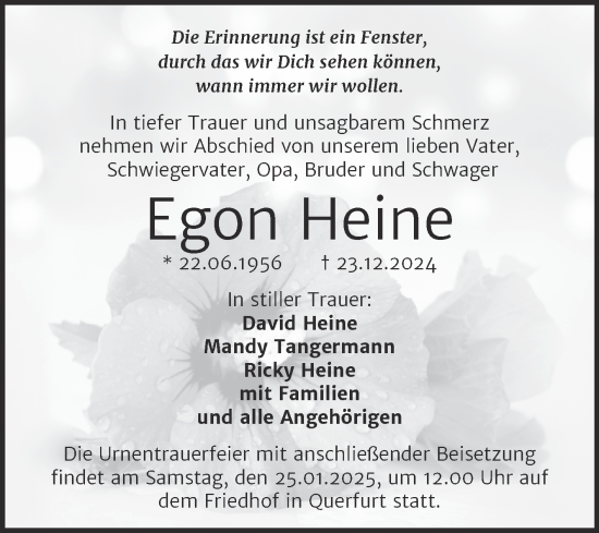 Traueranzeige von Egon Heine von Trauerkombi Mansfelder Land