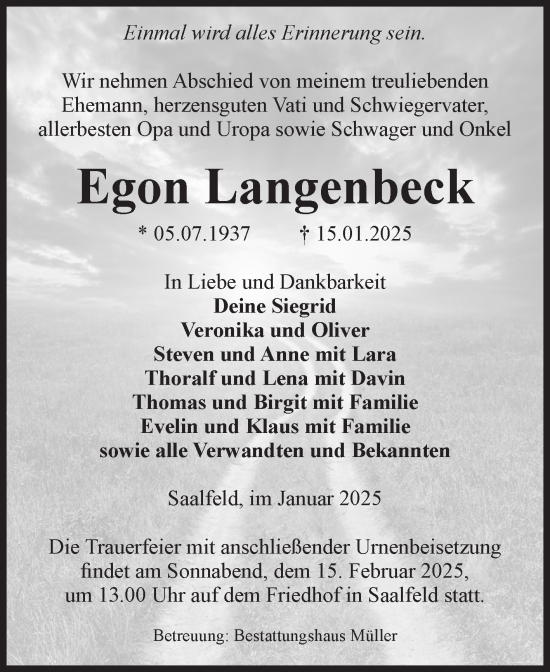 Traueranzeige von Egon Langenbeck von Volksstimme Altmark West