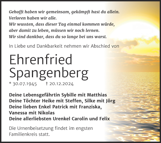 Traueranzeige von Ehrenfried Spangenberg von Trauerkombi Merseburg