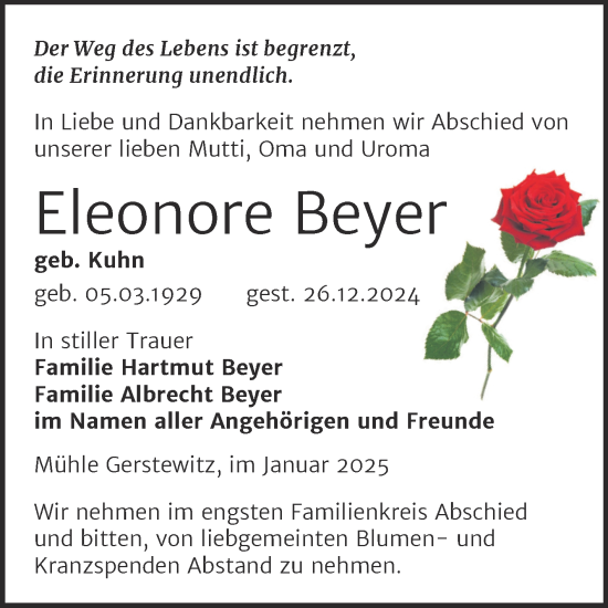 Traueranzeige von Eleonore Beyer von Trauerkombi Weißenfels