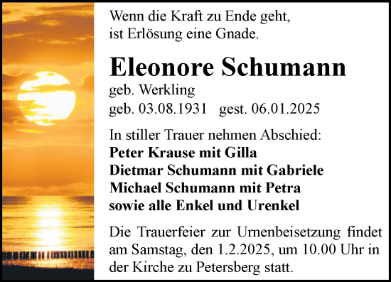 Traueranzeige von Eleonore Schumann von Mitteldeutsche Zeitung Halle/Saalkreis