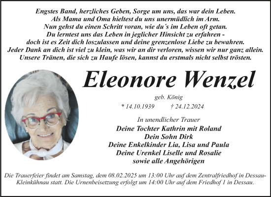 Traueranzeige von Eleonore Wenzel von Trauerkombi Dessau