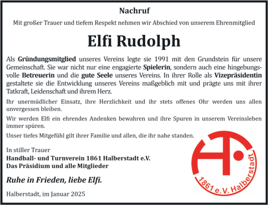 Traueranzeige von Elfi Rudolph von Volksstimme Halberstadt