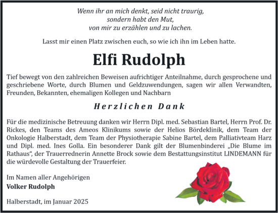Traueranzeige von Elfi Rudolph von Volksstimme Halberstadt