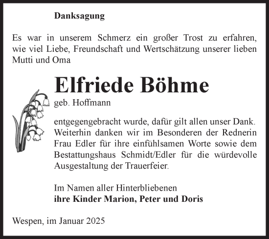 Traueranzeige von Elfriede Böhme von Volksstimme Schönebeck