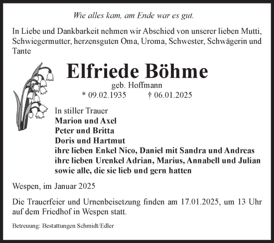 Traueranzeige von Elfriede Böhme von Volksstimme Schönebeck