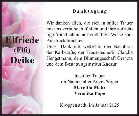 Traueranzeige von Elfriede Deike von Volksstimme Oschersleben/Wanzleben