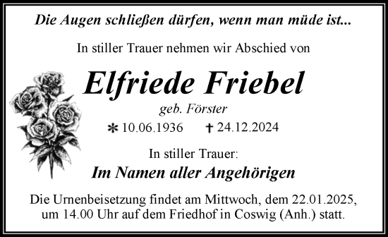 Traueranzeige von Elfriede Friebel von Trauerkombi Wittenberg