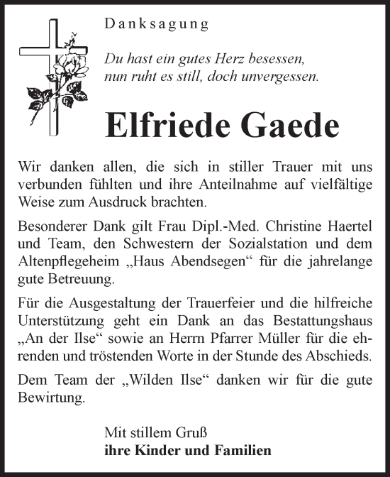 Traueranzeige von Elfriede Gaede von Volksstimme Wernigerode