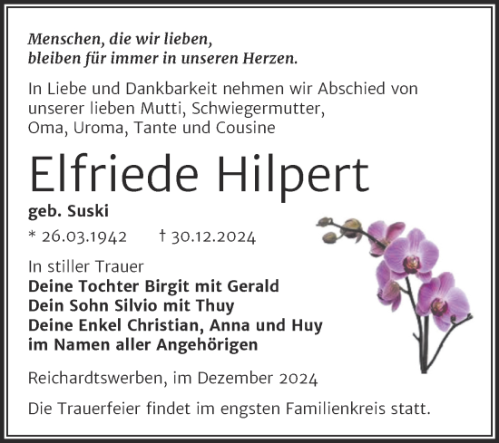 Traueranzeige von Elfriede Hilpert von Trauerkombi Weißenfels
