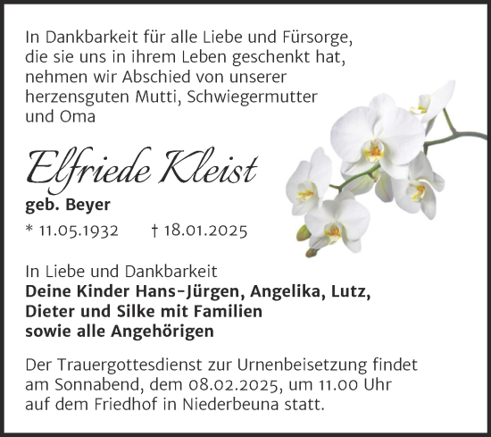 Traueranzeige von Elfriede Kleist von Trauerkombi Merseburg