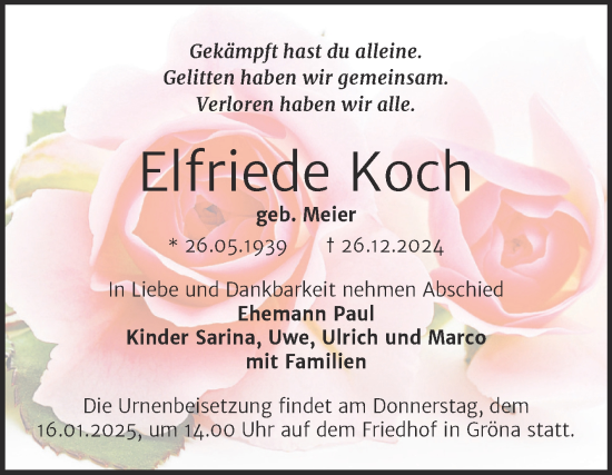 Traueranzeige von Elfriede Koch von Trauerkombi Bernburg