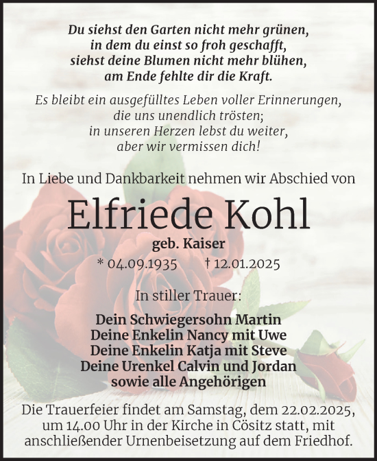 Traueranzeige von Elfriede Kohl von Trauerkombi Köthen