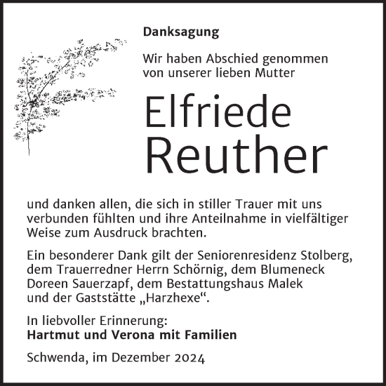 Traueranzeige von Elfriede Reuther von Trauerkombi Sangerhausen