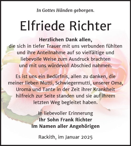 Traueranzeige von Elfriede Richter von Trauerkombi Wittenberg