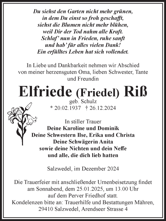 Traueranzeige von Elfriede Riß von Volksstimme Altmark West