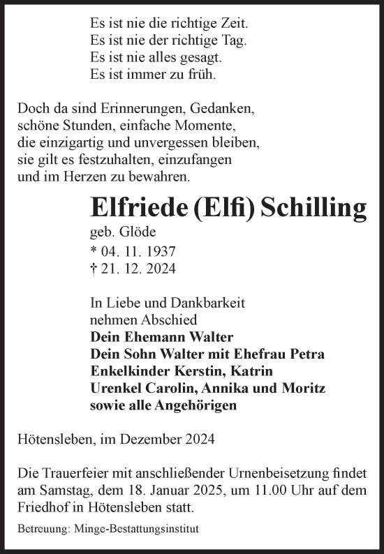 Traueranzeige von Elfriede Schilling von Volksstimme Oschersleben/Wanzleben