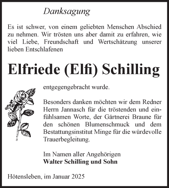 Traueranzeige von Elfriede Schilling von Volksstimme Oschersleben/Wanzleben