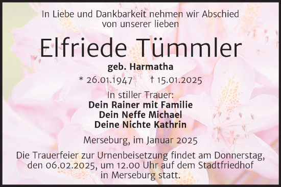 Traueranzeige von Elfriede Tümmler von Trauerkombi Merseburg