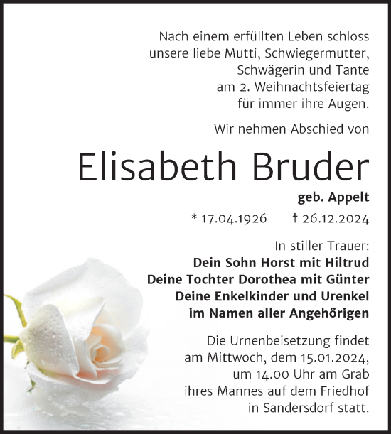 Traueranzeige von Elisabeth Bruder von Trauerkombi Bitterfeld